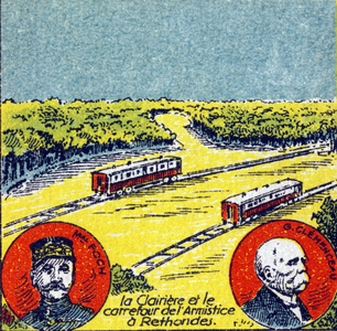 First World War (1914-1918): Marechal Ferdinand Foch (1851-1929) and Georges Clemenceau (1841-1929). Signature of the Armistice in a wagon of the General Staff Train called the “Armistice wagon” in the Rethondes glade, in the forest of Compiegne on November 11, 1918. Engraving in “Histoire de France””. Advertising Image Series