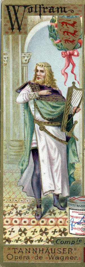 Letter W: Wolfram, in “” Tannhauser””, opera (created in 1845) by Richard Wagner (1813-1883). Men's Alphabet (Liebig) Serie S0369. Compagnie Liebig, publisher (b at Antwerp 1893). Abecedaire consists of 12 advertising images in chromolithography. The Liebig brand was invented in 1865 by the German chemist Justus von Liebig (1803-1873). Private Collection