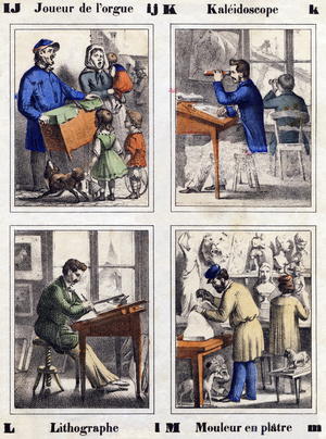 Letters I J K L M; J Organ Player; K Kaleidoscope; L Lithographer; M Plaster Molder. Engraving in "Abecedaire des arts et metiers pour teaching à lire", 1886 (engraving)