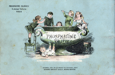 Alphabet de la Phosphatine Falieres Alphabet brevete S.G.D.G. by pharmacist Pierre Emile Falieres . Illustrations in chromolithography, late 19th century