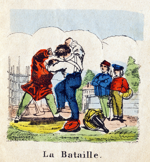 La bataille. Gravure in "Alphabet des petits garcons". Imprimerie Lithographie Olivier-Pinot, Editeur, Epinal. Serie Colibris. Petit album contenant des pages illustrees, un alphabet, un syllabaire, des mots syllabes et quelques phrases. 8 pages. Dim : 9,3x9 cm
