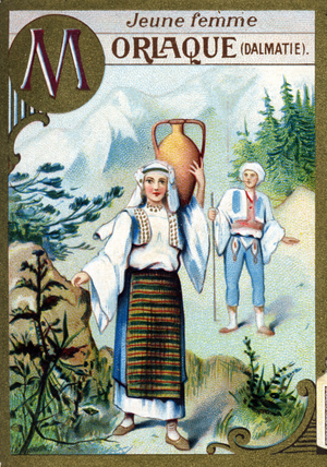 Letter M as a Moriac young woman . Alphabet women. Liebig advertising chromolithography, late 19th century .