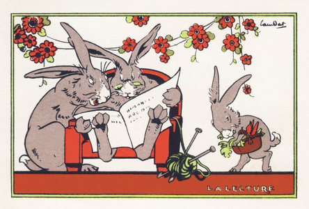 Reading. Two rabbits read a newspaper, anthropomorphic advertising drawing, early 20th century (chromolithography)