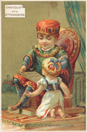the king Charlemagne sitting on the throne with a child reading the alphabet, end of 19th century (lithograph)
