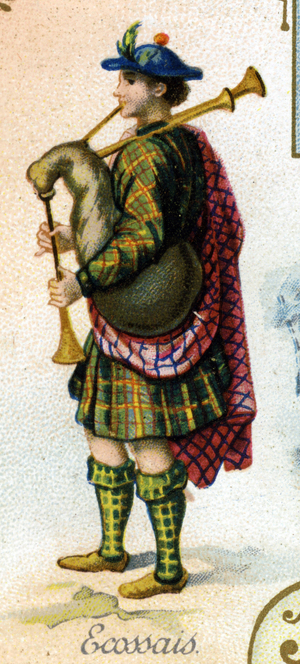Scottish man . Edition the Parisian lithograph, end of the 19th century. Series of 25 advertising chromos for the Dijon manufacture of Biscuits Pernot, created in 1869. Detail of the characters in traditional costume