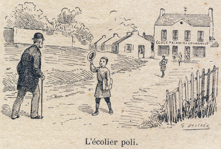 Devoirs envers le prochain : La politesse. L'ecolier poli saluant sur son passage. Gravure in ""Le livre unique de morale et d'instruction civique, destine aux eleves des trois cours de l'Ecole primaire et a ceux des classes primaires des Lycees et Colleges, Premiere Partie : Morale"" par A. Poignet (Inspecteur primaire Officier de l'Instruction publique) et H. Bernat (Instituteur). Ouvrage redige conformement aux instructions donnees par l'inspection generale, en 1893, sur l'enseignement de la morale. Edition de 1919 (dix-septieme). Godchaux et Cie, imprimeurs-editeurs , Paris. Dessins de G. Dascher, graves par Bordier. Collection privee 