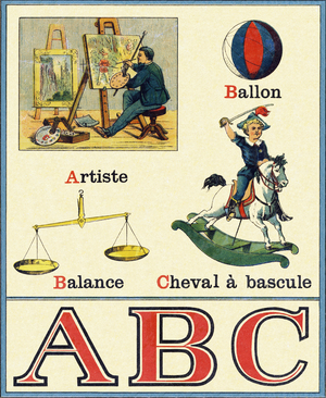 Letter A B C; Artist; Libra; Rocking Horse. Engraving in "ABC indechirable on varnished canvas". A. Capendu, editor, Paris, late 19th century. Children's bookshop illustrated. 8 pages. Dim: 21,5x18cm .