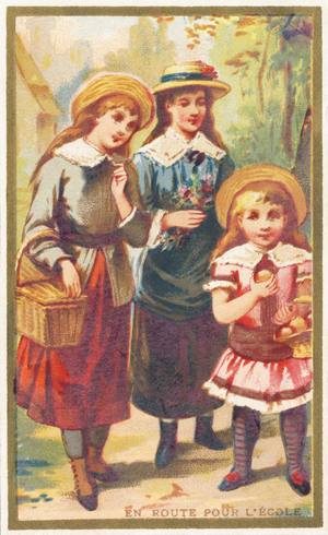 Three girls on the way to school, end of 19th century (lithograph)