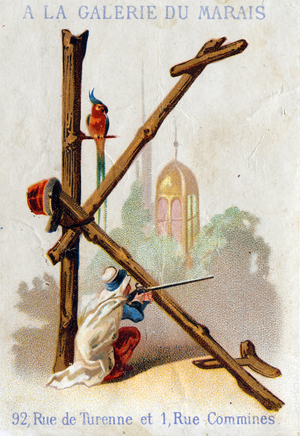 Letter K; kakatoes, kiosk, kepi, keffieh of riders. Alphabet Art Nouveau: Series of 25 advertising chromolithographs. Lithography by Alfred Clarey, late 19th century. Dim 115x75mm