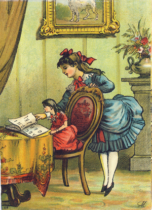 Reading lesson in the stern. In a room, a girl standing shows her stern sitting in an armchair the alphabet prints in a book. Chromolithography, unknown publisher, late 19th century. Dimensions: 15 x 11 cm
