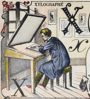 Letter X as xylograph. Doll's alphabet. Imaging of Pont-a-Mousson by Louis Vagne, c.1900 (lithograph)