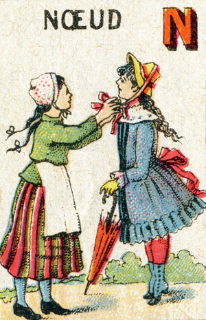 Lettre N Noeud. Gravure in "Petit alphabet illustre". Pellerin, imprimeur-editeur, epinal. Bibliotheque enfantine. Serie mignonne. Seconde moitie du 19eme siecle. Petit album contenant un abecedaire illustre, des alphabets, un syllabaire, des mots syllabes et quelques phrases. 12 pages. Dim : 11x7,5cm