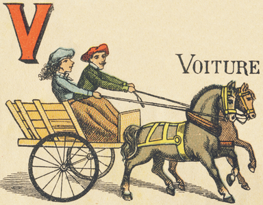 Letter V for car. Engraving in "ABC Toys". Epinal imaging in chromolithography, circa 1890. Small booklet of 8 pages. Dim: 195x135mm, intended to receive an advertisement in 4th cover. Uses at home, it offers an illustrious abecedary and a small reading method .