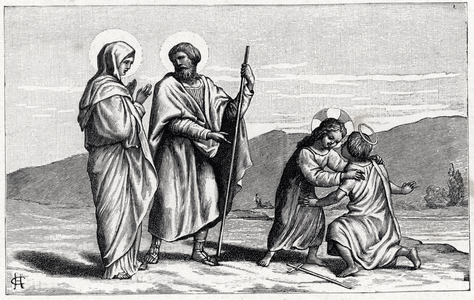 The meeting of Jesus and Saint John the Baptist. Alphabet of the child Jesus. Edition of 1932. Woodcarvings signed H G. Private collection
