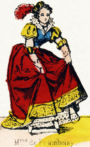 Madame de Framboisy (character of a song by Ernest Bourget and L. de Rille, 1855). Engraving in “” Characters and Costumes vary””. New Epinal Imaging. Imp. lith. Pinot et Sagaire, booksellers publishing at Epinal. Plate Ná411. Stencilled lithographs. Around 1850. Dim: 41 x 28 cm. Private Collection
