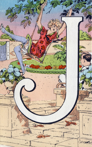 Lettre J comme Jeu, Joie. Abecedaire en cartes postales. Illustrations de A. Gaillard. Serie de 24 cartes editee avant 1930 (Annees Folles). Gravure. Dim : 14x9cm. Collection privee 