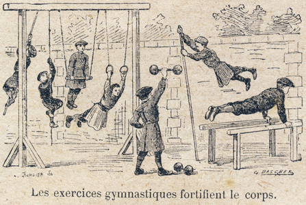 Duties towards oneself: the body. Soul and Body - Gymnastics. The gymanistic excercices strengthens the body. Engraving in “” The unique book of morality and civic instruction, intended for students of the three courses of the Primary School and those of the primary classes of the Lycees et Colleges, First Part: Morale” by A. Miglet (Primary Inspector Officer of Public Instruction) and H. Bernat (Teacher). Work redige in accordance with the instructions given by the Inspectorate-General in 1893 on the teaching of morals. Edition of 1919 (seventeenth). Godchaux et Cie, printers-publishers, Paris. Drawings by G. Dascher, grave by Bordier. Private Collection