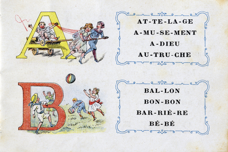 Letters A as coupling and B as balloon. Alphabet de la Phosphatine Falieres Alphabet brevete S.G.D.G. by pharmacist Pierre Emile Falieres . Illustrations in chromolithography, late 19th century