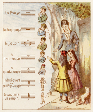Pause, demi-pause, soupirÉ - Gravure extraite de l' Alphabet musical de Mlle Lili, par Angelino Trojelli (18..-1916). Bibliotheque & Magasin d'Education et de Recreation J. Hetzel & Cie, Paris, 1883. Dessins de Alphonse Victor BAUMANN (1826-1909). Dimensions : 27 x 21 cm 