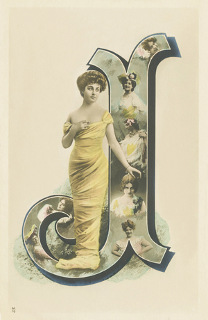 J : photo-portrait of a woman standing with a yellow drape, 1905 (postcard)