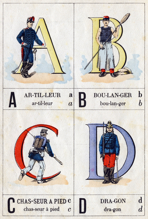 Letters A as gunner, b as baker, c as foothunter and D as dragon. ABC military1870-1880 (Epinal print)