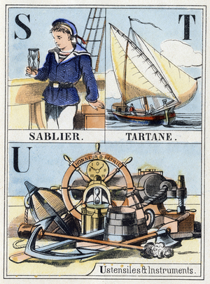 Letters S as hourglass, letter T as tartane, letter U as utensils and instruments. Navy abecedary of 16 pages containing an alphabet in capital letters. Epinal image, late 19th century. Stencilled wood engravings Dim: 21x14,5cm