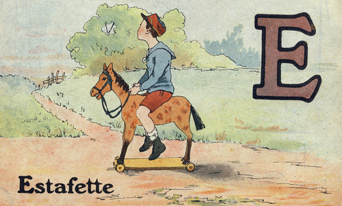 Letter E: Stafette. Little French alphabet. Hachette and Cie, publisher, Paris, 1917 (lithograph)