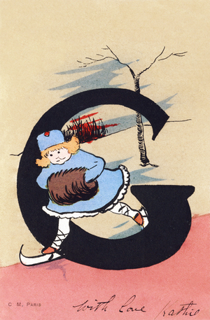 G comme glisser, glissade - Alphabet enfants. C. M. editeur, Paris. Cartes postales peintes e la main, affranchies en 1904. Dimensions : 14 x 9 cm