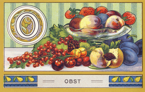 O : Obst - Alphabet Palmin. Serie de chromolithographies editees par H. Schlinck & Cie, Hamburg, s. d. . Publicite pour Palmin feinstes Cocosfett. Dimensions : 7 x 11 cm