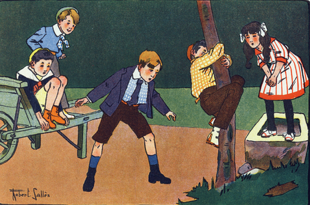A chat perche. Gravure in ""A quoi jouons-nous ?"" par E. Weber avec des dessins aquarelles de Robert Salles (1871-1929). Librairie Garnier Freres, Paris, 1920. Livre relie de 68 pages expliquant les regles de plus de 30 jeux avec leurs variantes. Dim : 30,5x23cm. Collection privee