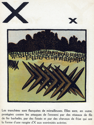 First World War 1914-1918 (14-18): Letter X (X-shaped frieze horses to form the trench). Engraving in “” Alphabet of the Great War 1914-1916 (for the children of our soldiers)””. Editions Berger-Levrault, 1918. Texts and drawings by Andre Helle (1871-1945). Dim: 32x25cm, 32 pages. Private collection. Rights reserved