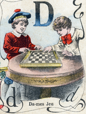 Letter D: Checkers game. Engraving in "ABC des joux pour petits boys". Imaging of Pont-a-Mousson, Louis Vagne, printer-publisher, late 19th century. Dim: 32,5x25 cm