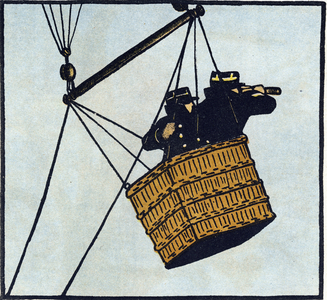 First World War 1914-1918 (14-18): Observers (observation post) of the French army in a captive balloon trying to spot the enemy. Engraving in “” Alphabet of the Great War 1914-1916 (for the children of our soldiers)””. Editions Berger-Levrault, 1918. Texts and drawings by Andre Helle (1871-1945). Dim: 32x25cm, 32 pages. Private collection. Rights reserved