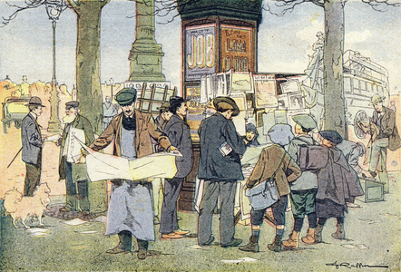 The kiosk has newspapers, in Imagier de l'enfance, c.1900 (engraving)