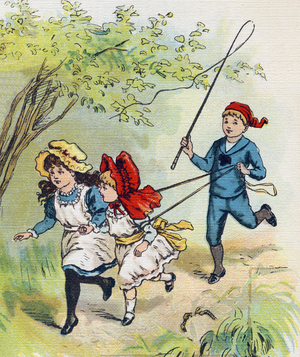 A boy playing horse with his two sisters. Engraving in "ABC L'alphabet des bebes". Unbreakable volume on canvas in chromolithography. A. Capendu, editor, Paris. Early 20th century, around 1905. Imagery of English origin, accompanied by words in French corresponding to each initial letter. 12 pages. Dim: 32x25,5cm