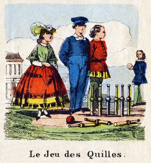 Le jeu de quilles. Gravure in "Alphabet des petits garcons". Imprimerie Lithographie Olivier-Pinot, Editeur, Epinal. Serie Colibris. Petit album contenant des pages illustrees, un alphabet, un syllabaire, des mots syllabes et quelques phrases. 8 pages. Dim : 9,3x9 cm