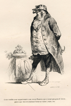 Faucon ruine par les revolutions. Vignettes illustrees par JJ Granville . Gravure signee Breviere dans la partie intitulee "Souvenirs d'une vieille corneille" ecrit parPJ Stahl in "Scenes de la vie privee et publique des animaux". Paris, J. Hetzel et Paulin, 1842. Etudes de moeurs contemporaines publiees sous la direction de P.-J. Stahl