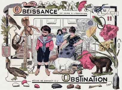Lettre O : OBEISSANCE est saine a l'education, betise se connait a l'OBSTINATION. Gravure in ""ABC. Alphabet des bons conseils et des fautes a eviter"". Ch. (Charles) Ramel et Cie, editeurs, Paris, vers 1919. Illustrations de Henri Gray (Henri Boulanger, 1858-1924). Album de 52 pages sur le theme des valeurs morales. Dim : 24 x 32 cm. Collection privee 
