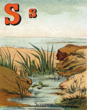 Letter S: Source on a beach by the sea. Alphabet of small geographers. Children's bookshop illustrated. Guerin-Muller et Cie Editeurs, A. Capendu Successor, Paris, 1881. L.V. Leer and Cie Haarlem. Chromolithography. Dim: 27x23,5cm. Private Collection