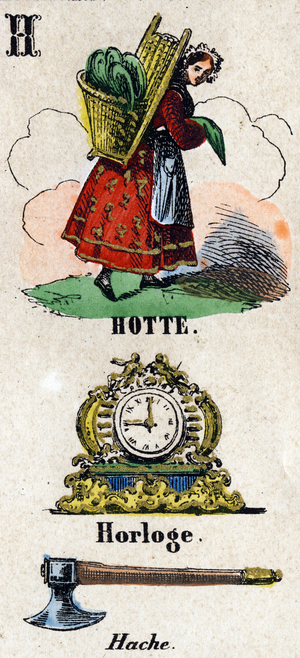 Letter H as hood. Small encyclopedic alphabet, c.1860 (Epinal print)