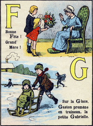 Lettre F : Bonne Fete ! Grand' Mere ! Lettre G : Sur la Glace, Gaston promene en traineau, la petite Gabrielle. Gravure in ""ABC amusant"". Monrocq Freres, editeurs, debut  du 20eme siecle. 20 pages. Dim : 24,5x18,5cm. Collection privee