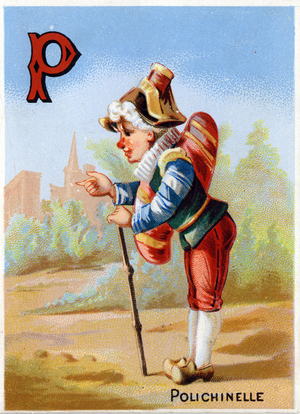P as Polichinelle. Alphabet illustrates each letter representing a child in a suit. Chromolithography of H. Battle, late 19th century. Abeedaire consists of 25 advertising images. Dim: 10x7cm