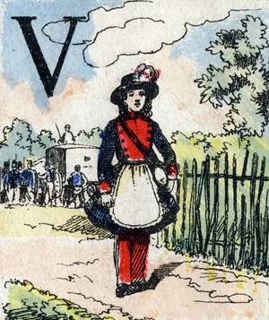Letter V girl giving food to soldiers . ABC of the little girls. Epinal imaging, 1875. Popular series. Small booklet of 8 pages. Dim: 205 x 150 mm. Stencilled wood engraving