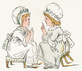 Scandal - scandale, deux petites filles se racontent des secrets, l'une d'entre elle fait une expression et des gestes de surprise -Extrait de Afternoon Tea : Rhymes for children - Livre de poemes pour enfants , Frederick Warne & Co, libraire-editeur, Londres, vers 1880 - Illustrations originales de John George Sowerby et Henry Hetherington Emmerson