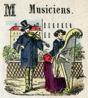 Abecedary. Letter M as Musicians. Small encyclopedic alphabet, popular series. Epinal imaging, late 19th century
