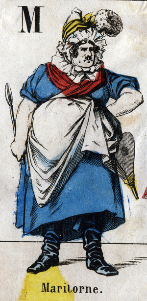 Letter M: Maritorne. Engraving in "Alphabet masquerade". New Epinal imaging. Printing-lithography Pinot et Sagaire, editors, Epinal, second half of the 19th century . Plate Ná 491 with 25 illuminated letters. Dim: 40,5x28cm