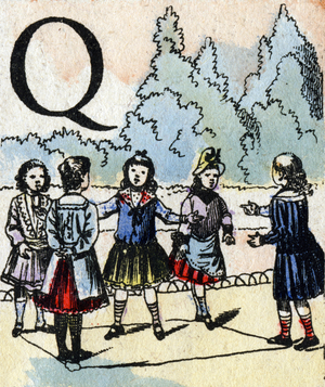 Letter Q girl playing the Game of Four Corners . 1875 (illustration)