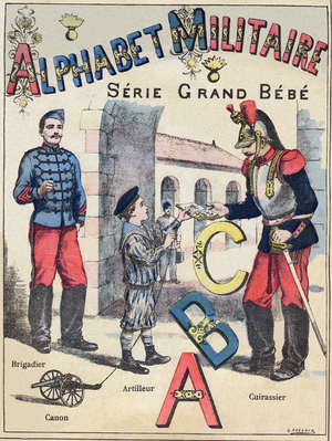 Cover of "Military Alphabet" , Grand-Bebe series. Engraving. Pont-a-Mousson imaging. Louis Vagne, Printer-Publisher, circa 1900. Illustrations by G. Dascher. 20 pages. Dim: 31,5x24,5cm