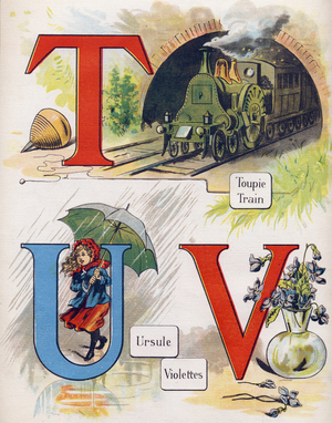 Letter T, U and V: top, train, ursula and violet. Engraving in "ABC L'alphabet des bebes". Unbreakable volume on canvas in chromolithography. A. Capendu, editor, Paris. Early 20th century, around 1905. Imagery of English origin, accompanied by words in French corresponding to each initial letter. 12 pages. Dim: 32x25,5cm