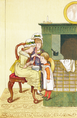 Bread and milk - pain et lait, pres du fourneau, les ainees donnent le gouter au cadet - Extrait de Afternoon Tea : Rhymes for children - Livre de poemes pour enfants , Frederick Warne & Co, libraire-editeur, Londres, vers 1880 - Illustrations originales de John George Sowerby et Henry Hetherington Emmerson